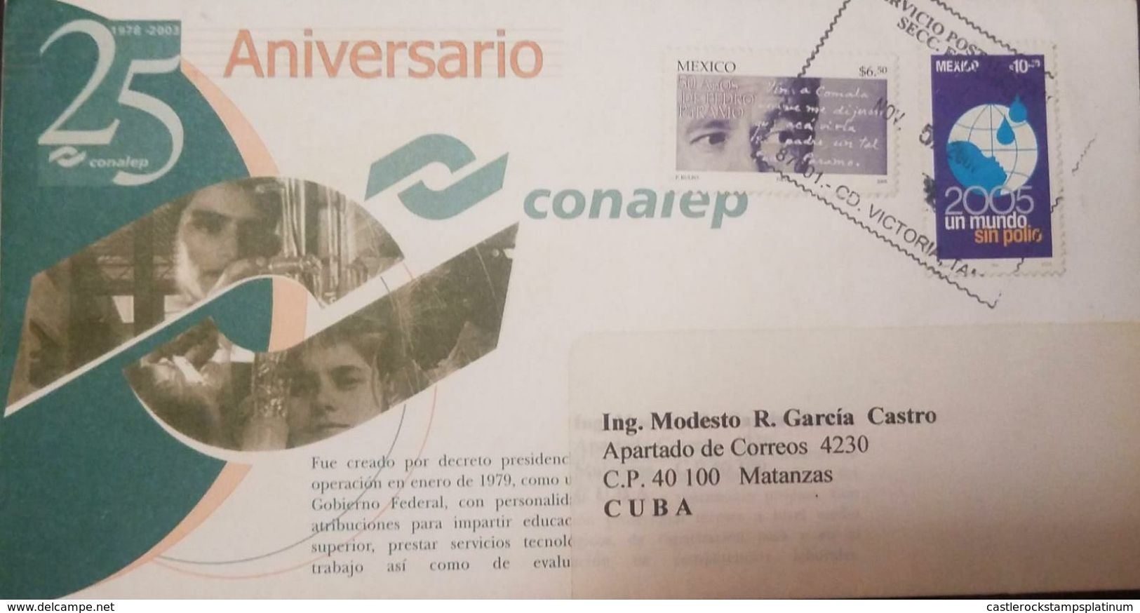 L) 2004 MEXICO, 50 YEAR PEDRO PANAMA, 2005 A WORLD WITHOUT POLIO, 25 YEARS CONALEP, CIRCULATED COVER FROM MEXICO TO CARI - Mexico
