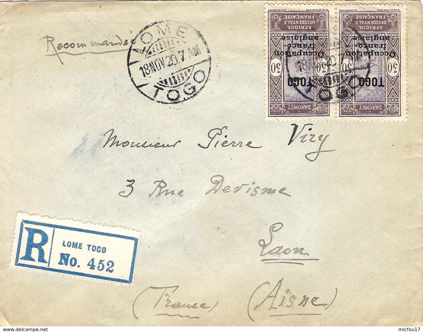 1920- Enveloppe RECC. De LOME  Affr. Paire Y & T N°92   Voie Anglaise Par Gold Coast  Et Londres - Briefe U. Dokumente