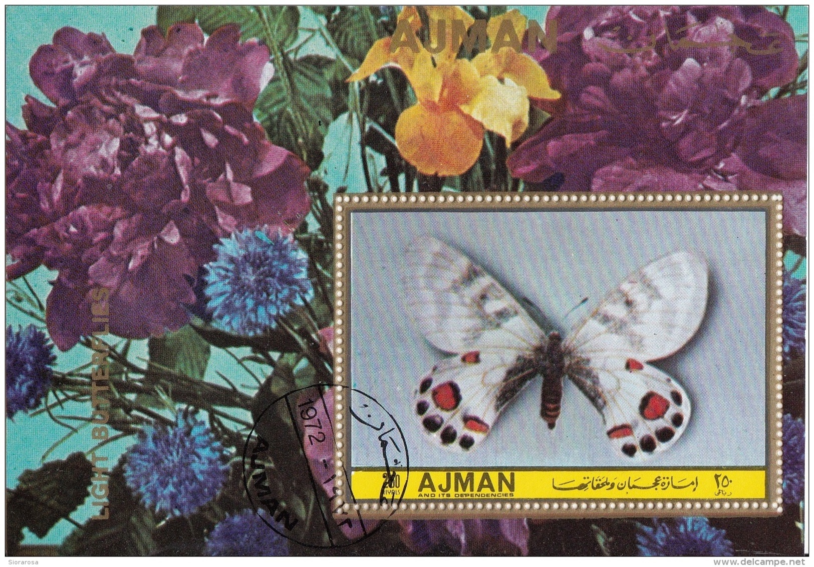 Ajman 1972 Farfalle Light Butterflies Papillons Sheet Perf. Peonie Fiori Flowers CTO - Ajman