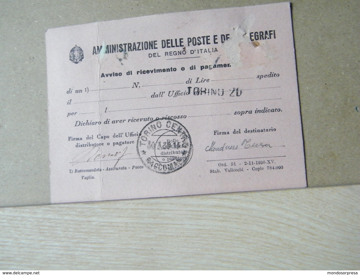 MONDOSORPRESA,(IP143) CARTOLINA AVVISO DI RICEVIMENTO, 50C. EFFIGE VIOLA FASCI + MARCA DA BOLLO, ANNULLO TORINO N°20 - Storia Postale