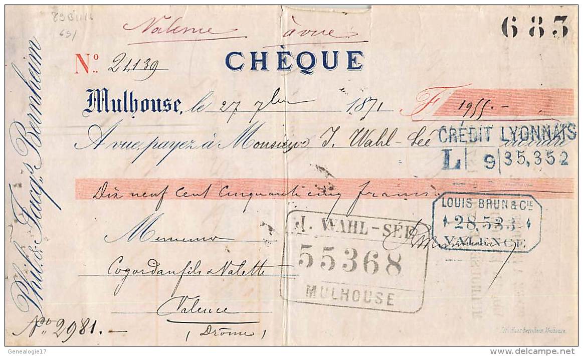 68 609 MULHOUSE HAUT RHIN 1871 Cheque PHIL. Et JACQ. BERNHEIM  Tampon J. WAHL - Chèques & Chèques De Voyage