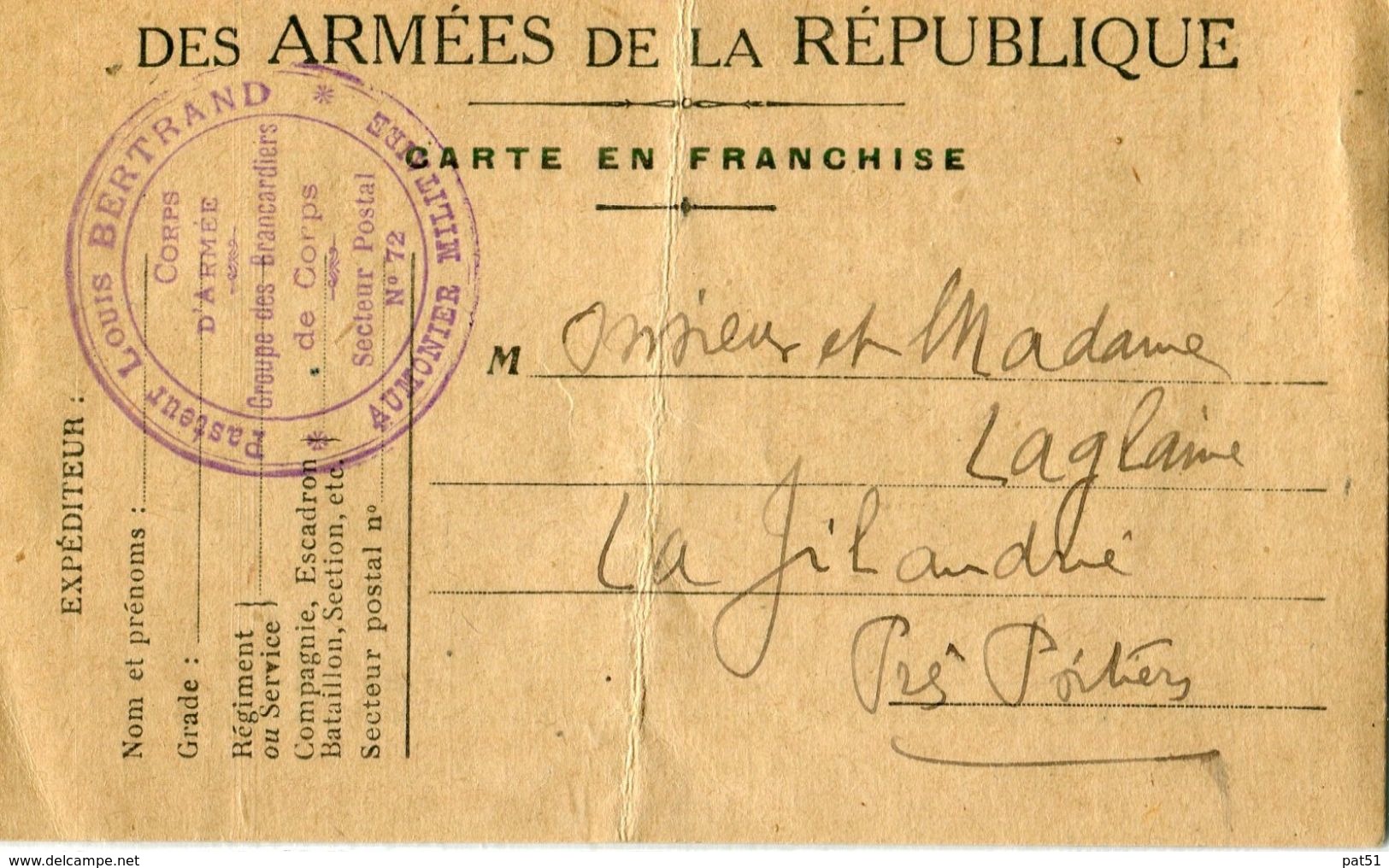 MILITARIA - Carte Correspondance  Armées De La République - Cachet Groupe Brancardiers De Corps - SP N° 72 Aumonier - War 1914-18