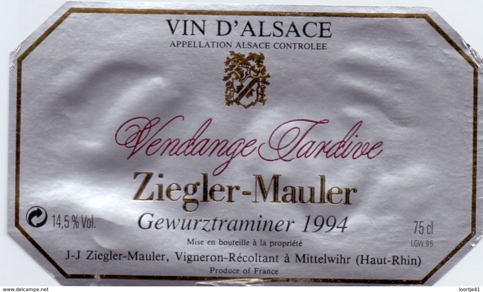 Etiket Etiquette - Vin - Wijn - Vin D' Alsace - Gewurztraminer - Ziegler Mauler 1994 - Gewurztraminer