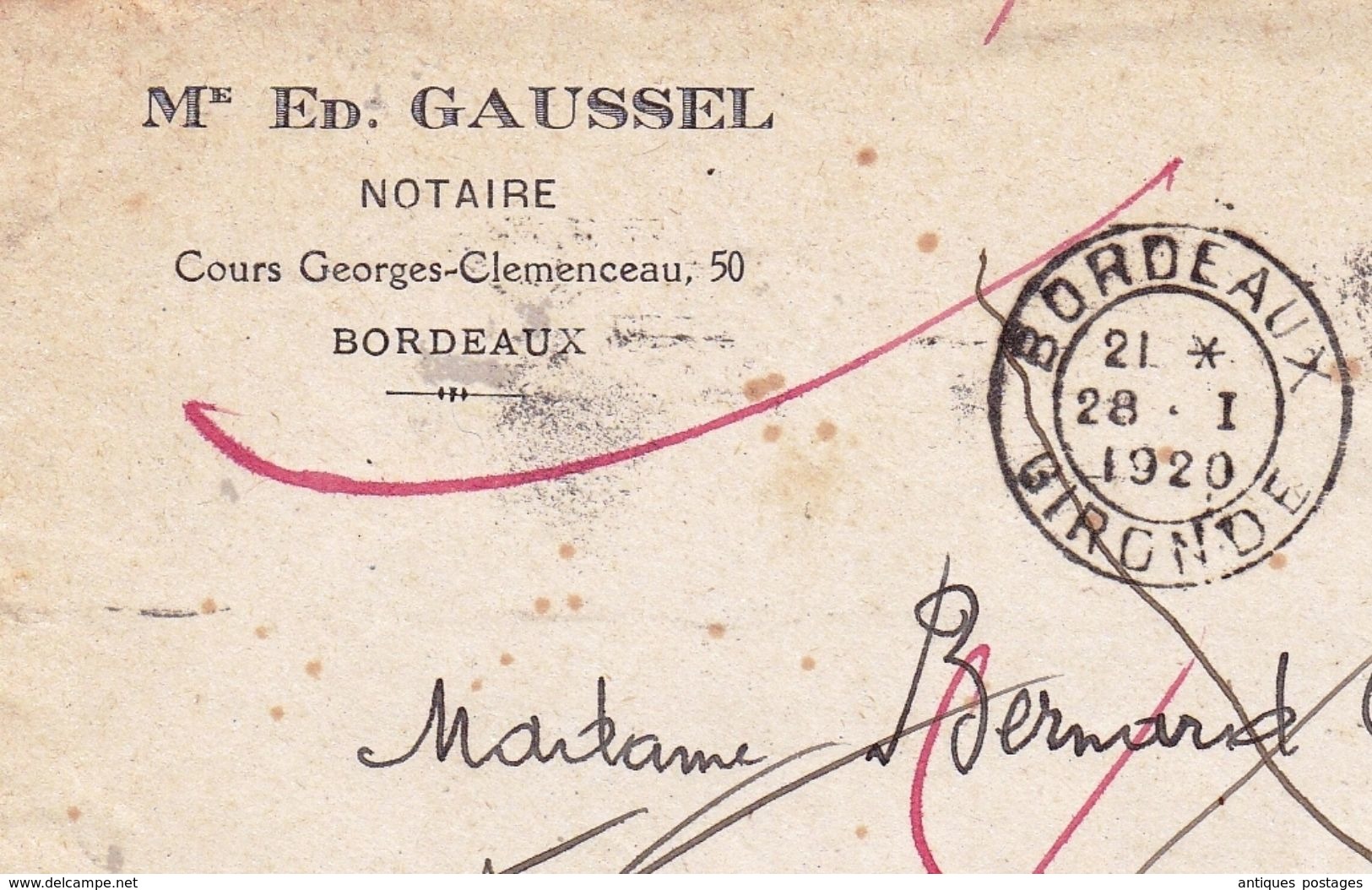 Lettre Bordeaux Gironde 1920 Gaussel Notaire Retour à L'Envoyeur Timbre Semeuse - Lettres & Documents