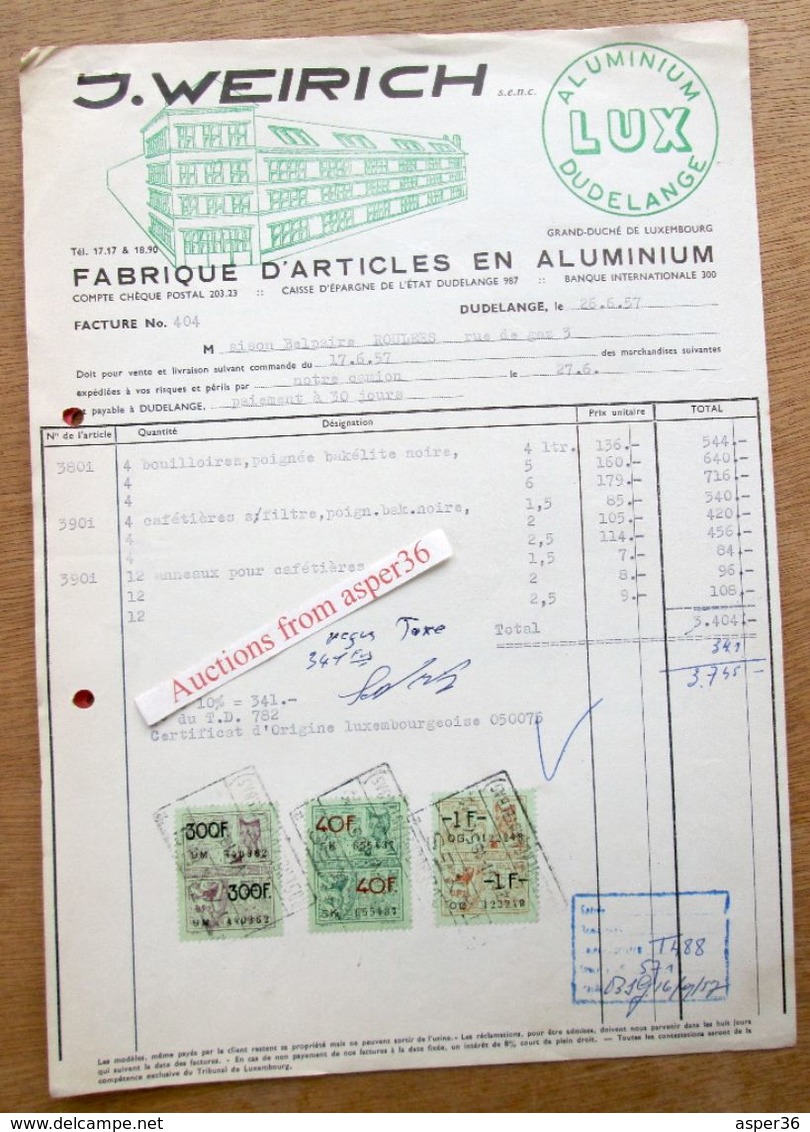 2 Documents "Fabrique D'Articles En Aluminium, J. Weirich, Dudelange 1957" - Luxemburgo