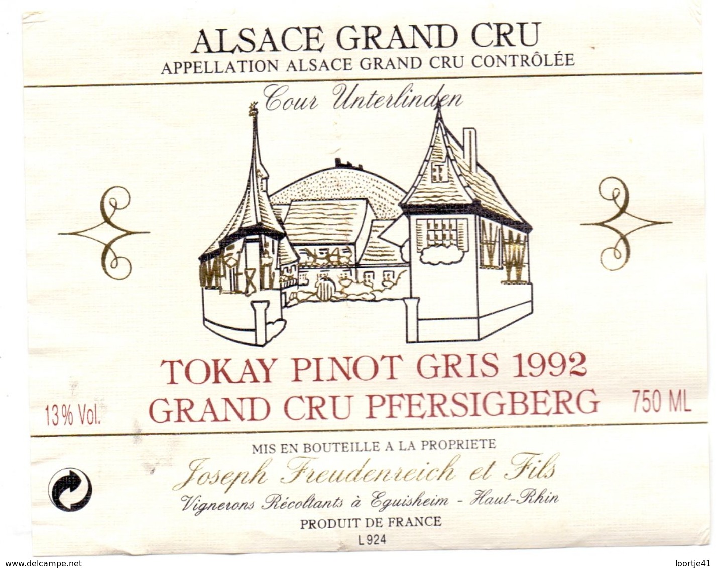 Etiket Etiquette - Vin - Wijn - Vin D' Alsace - Tokay Pinot Gris - Grand Cru Pfersigberg 1992 - Riesling