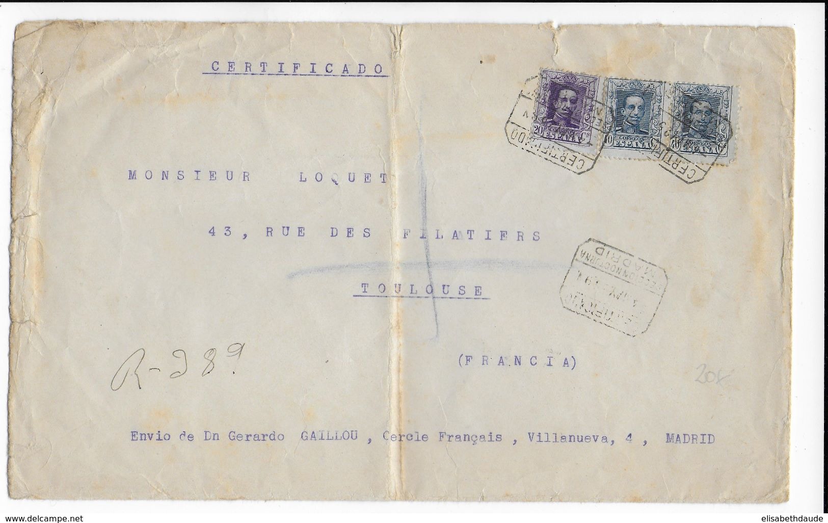 ESPAGNE - 1925 - ENVELOPPE RECOMMANDEE De MADRID "SECCION NOCTURNA" => TOULOUSE - Briefe U. Dokumente