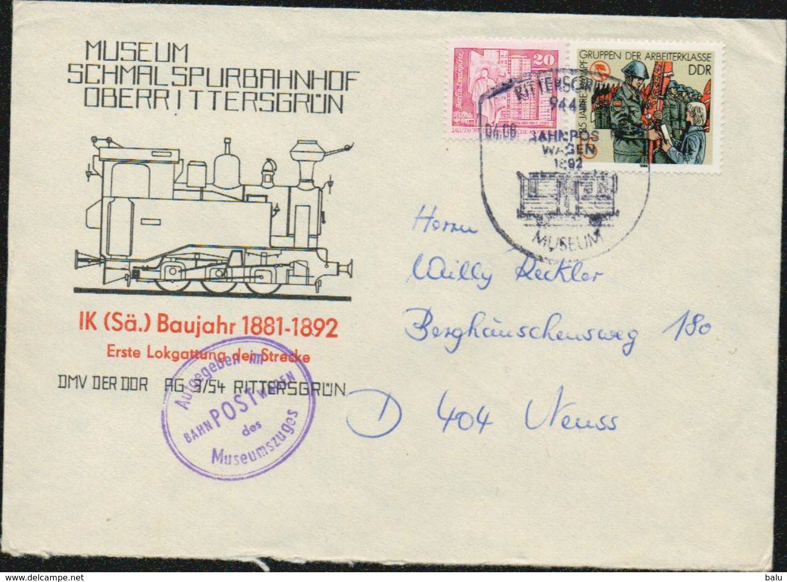 DDR 1988 Sonderstempel, Rittersgrün, Museum Schmalspurbahnhof Oberrittersgrün, Michel Nr.3179, 2485, Brief Nach Neuss - Briefe U. Dokumente