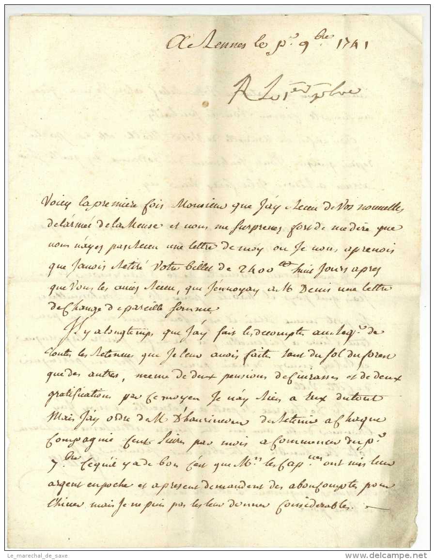 GUERRE DE LA SUCCESSION D&rsquo;AUTRICHE - 1741 RENNES Pour L'armee De La Meuse Rare Destination - Legerstempels (voor 1900)