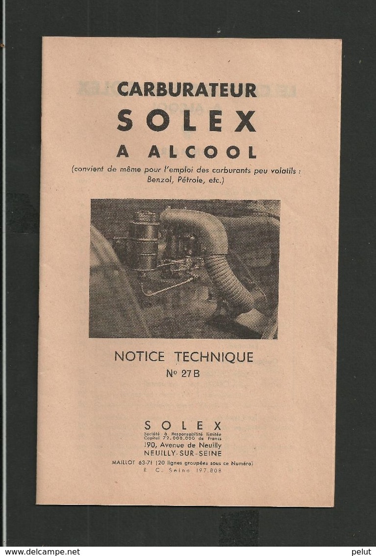 SOLEX Notice N° 27B Carburateur à Alcool - Matériel Et Accessoires