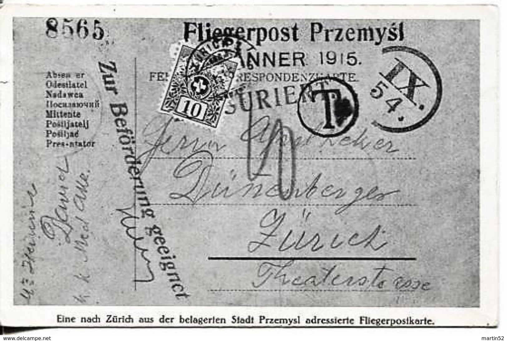 Schweiz 1915: Bild-PK "Fliegerpost Przemysl" (nachtaxiert) Mit Sonder-o ZÜRICH 14.V.15 BRIEFMARKENAUSSTELLUNG - Ganzsachen