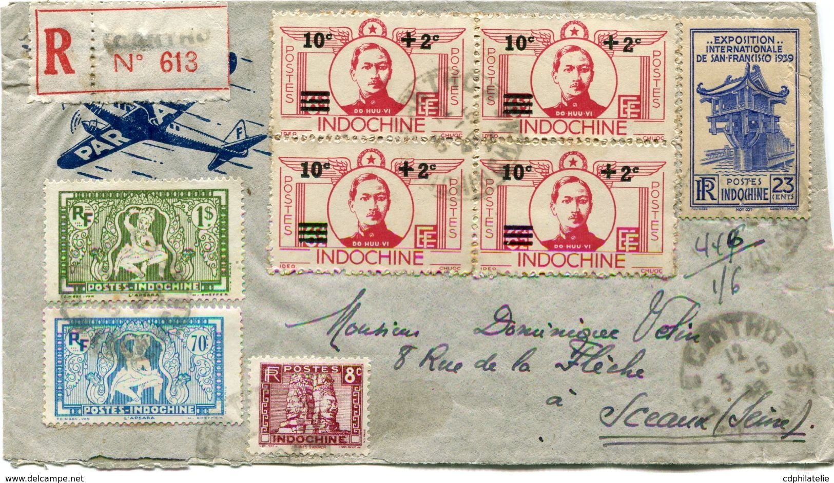 INDOCHINE LETTRE RECOMMANDEE PAR AVION DEPART CANTHO 3-5-48 COCHINCHINE POUR LA FRANCE - Storia Postale