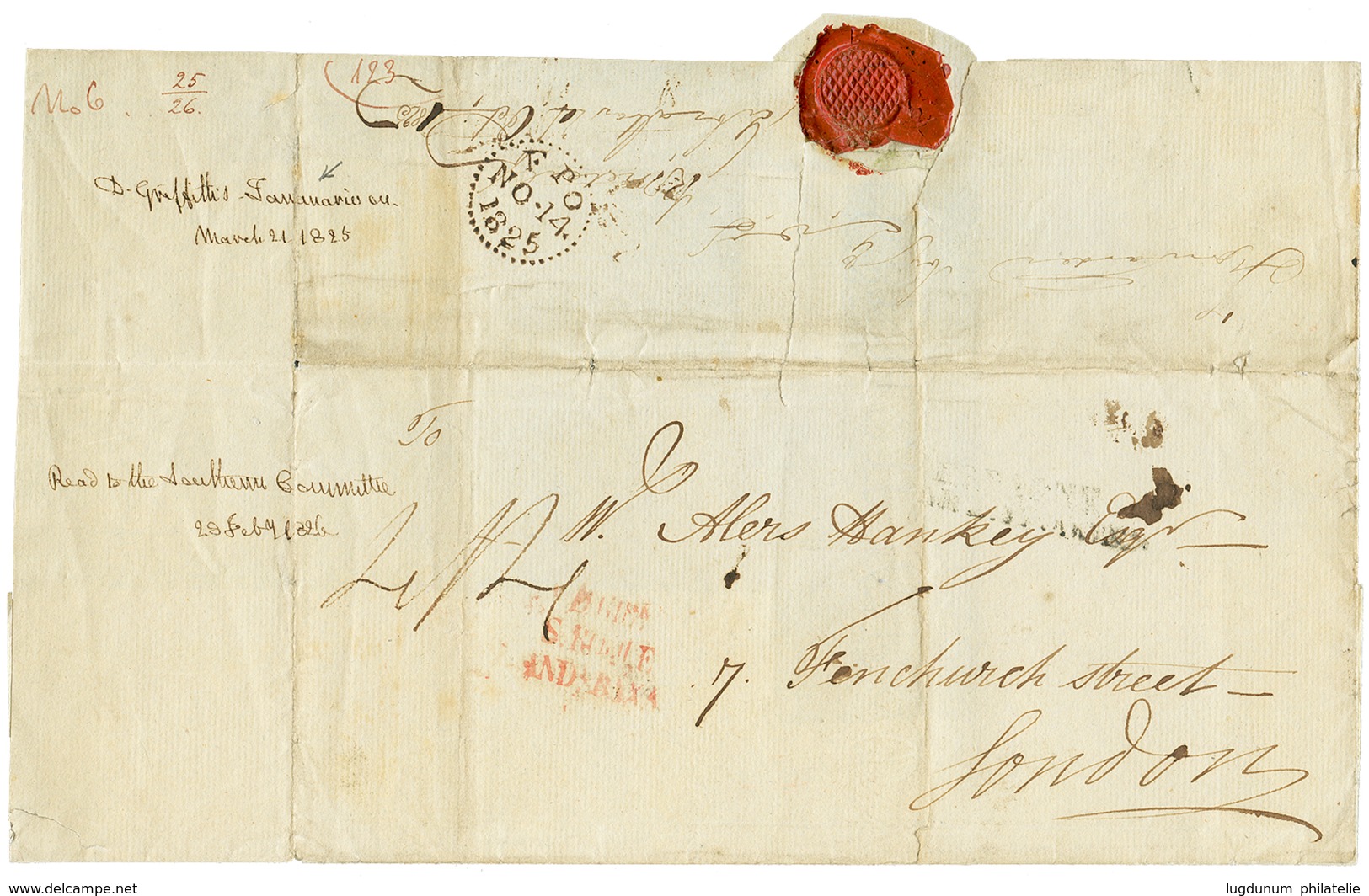 2 1825 Lettre Sans Texte Daté "TANANARIVO 21 Mars 1825" Via L' ESPAGNE & GIBRALTAR Pour LONDRES(ANGLETERRE). Verso, Reçu - Andere & Zonder Classificatie