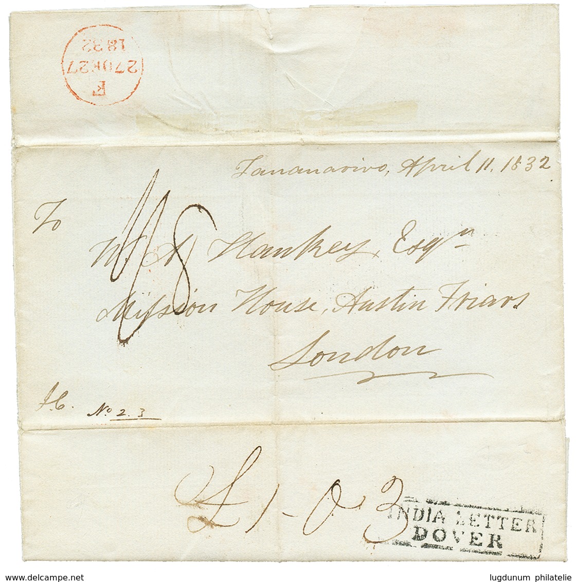 7 1832 INDIA LETTER DOVER Au Verso D'une Lettre Avec Texte Daté "TANANARIVO Pour LONDRES. RARE. TTB. - Other & Unclassified