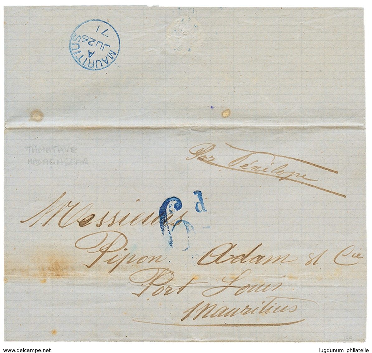 10 1871 Taxe "6d" + "Par PENELOPE" Sur Lettre Avec Texte Daté "TAMATAVE Pour L' ILE MAURICE. TB. - Other & Unclassified