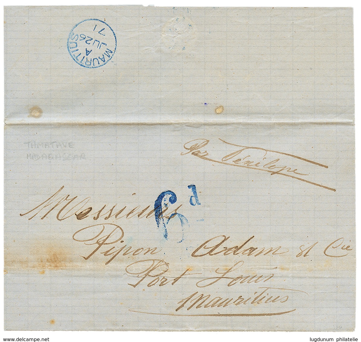 10 1871 Taxe "6d" + "Par PENELOPE" Sur Lettre Avec Texte Daté "TAMATAVE Pour L' ILE MAURICE. TB. - Altri & Non Classificati