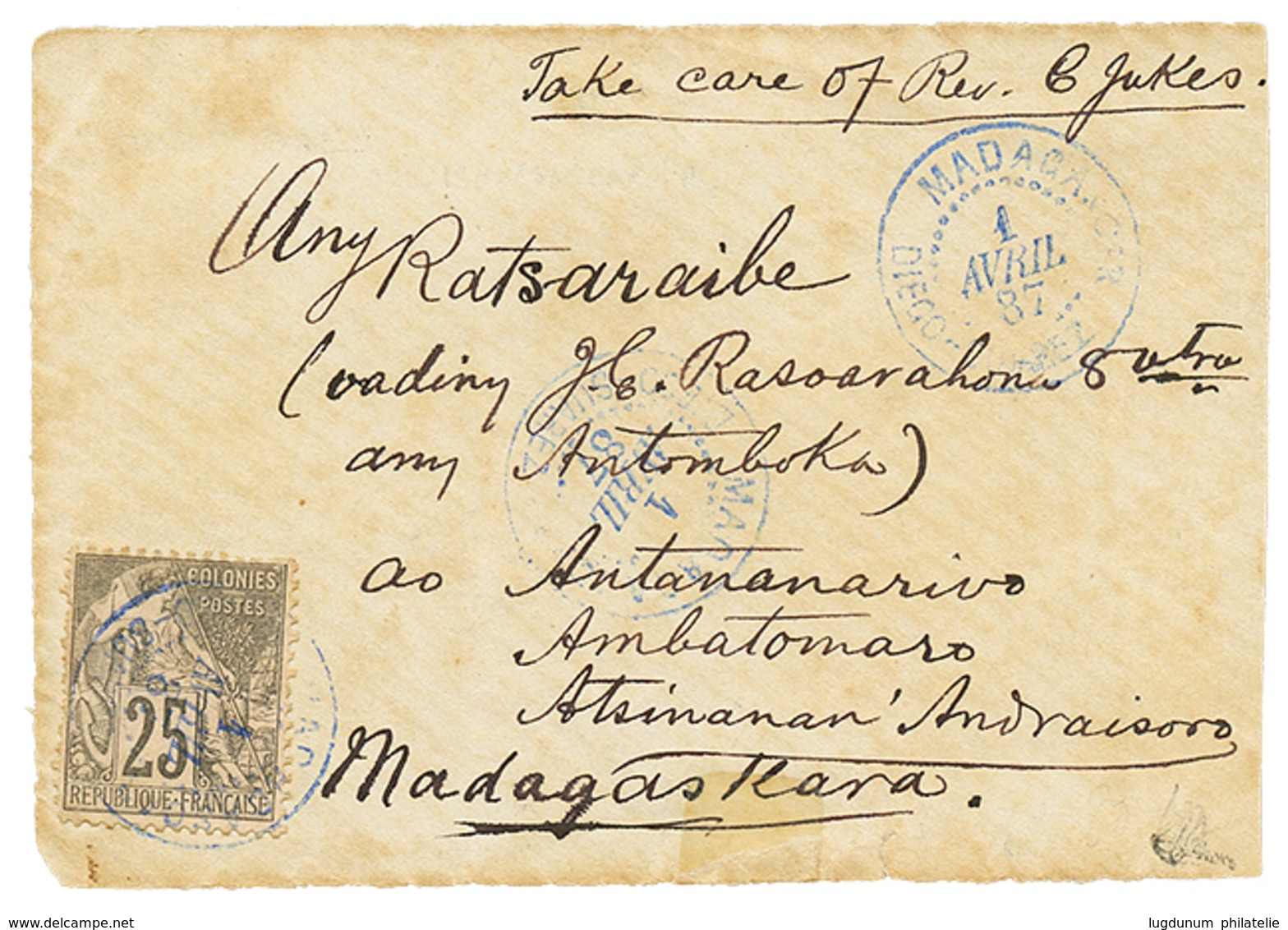 11 1887 CG 25c ALPHEE DUBOIS Obl. Cachet Rare MADAGASCAR DIEGO-SUAREZ Sur DEVANT De Lettre (front Only) Pour ANTANANARIV - Other & Unclassified