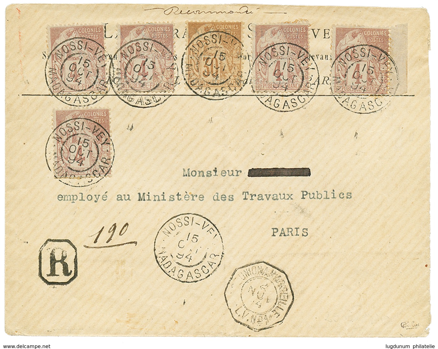 12 1894 COLONIES GENERALES 4c(x5) + 30c Obl. NOSSI-VEY Sur Env(pd) RECOM. Pour PARIS. Signé CALVES. TB. - Other & Unclassified