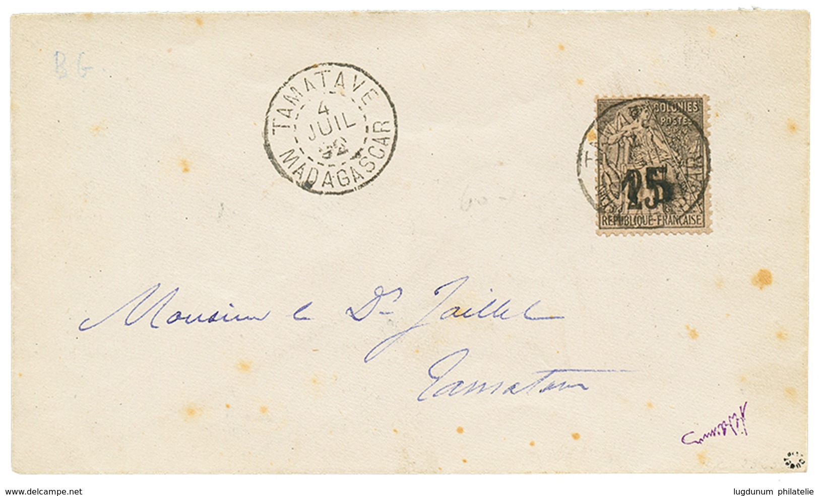 19 1892 15 S/ 25(n°5) Obl. TAMATAVE Sur Enveloppe Locale. Signé ROUMET. TB. - Other & Unclassified