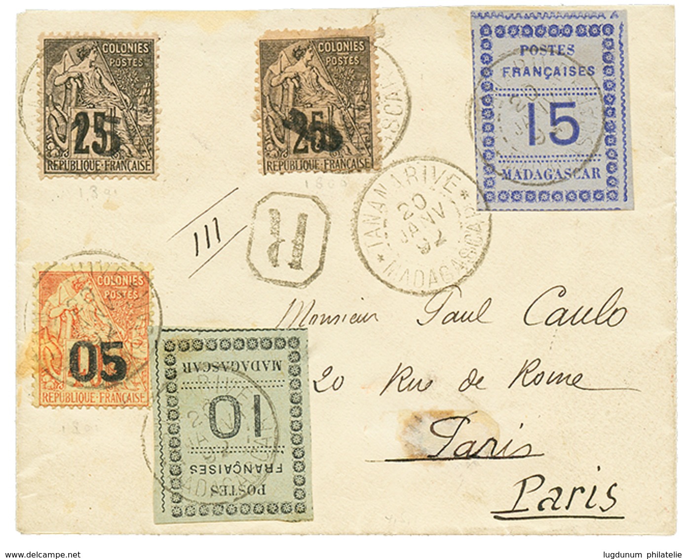 25 1892 N°4 + N°5+ N°7(pd)+ N°9 + N°10 Obl. TANANARIVE Sur Env. RECOM. Pour PARIS. RARE. TTB. - Sonstige & Ohne Zuordnung
