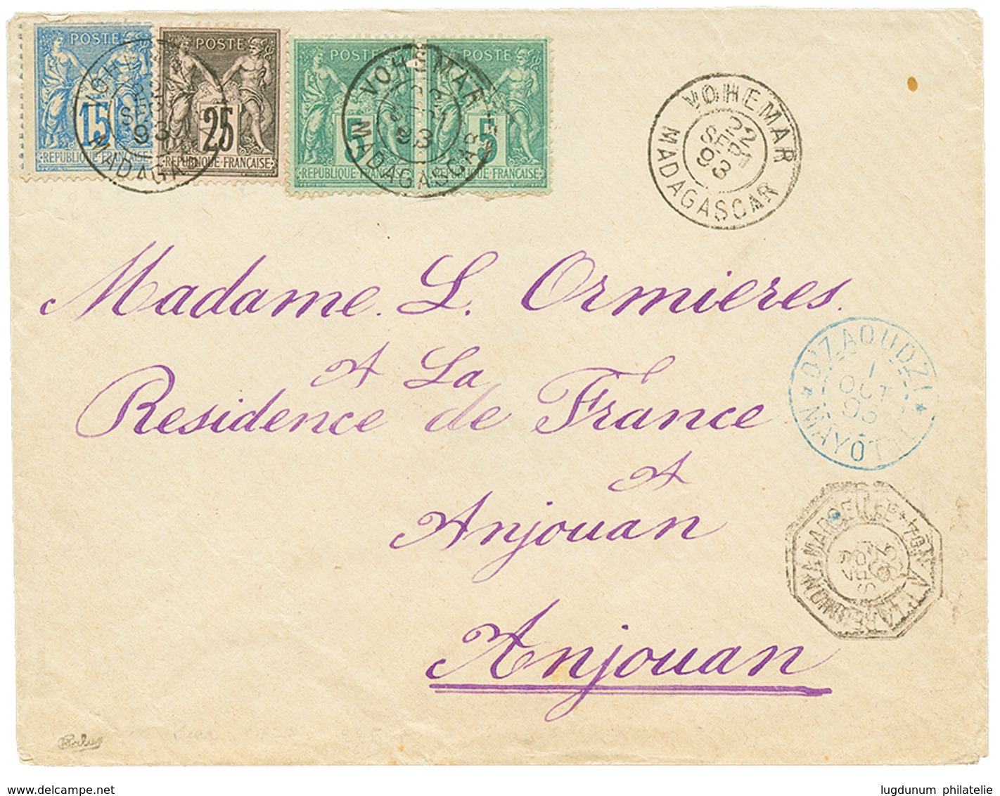 30 Type SAGE Utilisé à VOHEMAR : 1893 SAGE 5c(x2) Petit Défaut + 15c+ 25c Obl. VOHEMAR Sur Enveloppe Pour ANJOUAN. Trés  - Autres & Non Classés