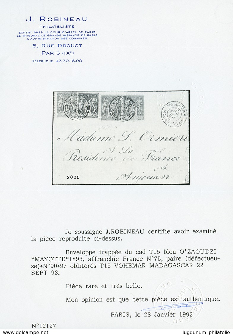 30 Type SAGE Utilisé à VOHEMAR : 1893 SAGE 5c(x2) Petit Défaut + 15c+ 25c Obl. VOHEMAR Sur Enveloppe Pour ANJOUAN. Trés  - Altri & Non Classificati