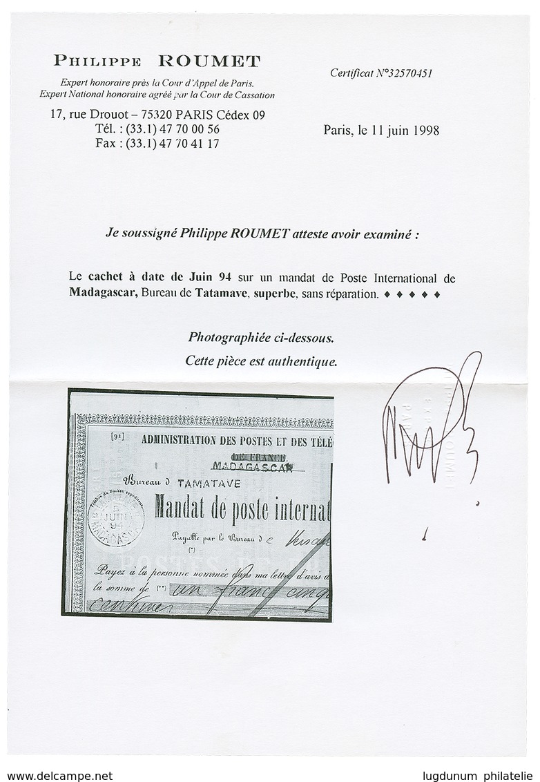 32 1894 TAMATAVE MADAGASCAR Sur MANDAT POSTE INTERNATIONAL. RARE.Certificat ROUMET. TB. - Andere & Zonder Classificatie