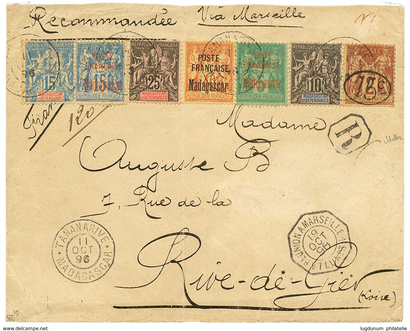 49 1896 15c S/ 2c(n°24) Léger Pli + Timbres Divers Obl. Sur Enveloppe RECOMMANDEE De TANANARIVE Pour La FRANCE. Signé BR - Other & Unclassified