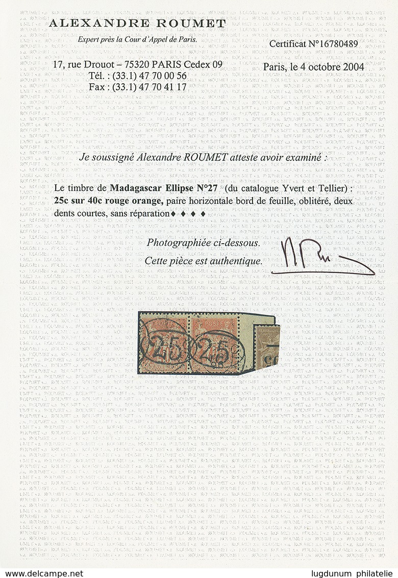 52 Paire 25c S/ 40c (n°27) Oblitérée. 2 Dents Courtes. Certificat ROUMET(2004). Superbe. - Altri & Non Classificati