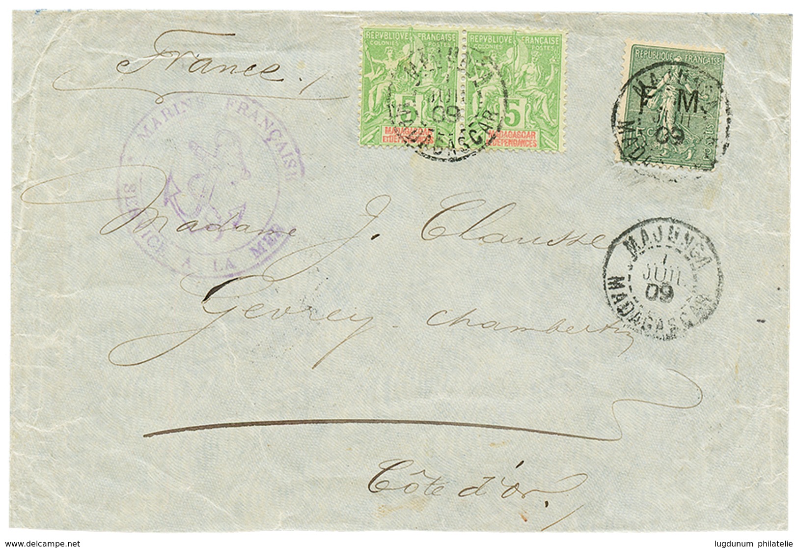 60 "MIXTE Avec Timbre F.M" : 1909 FRANCE F.M 15c + MADAGASCAR 5c(x2) Obl. MAJUNGA Sur Env(pd) Pour La FRANCE. Certificat - Sonstige & Ohne Zuordnung