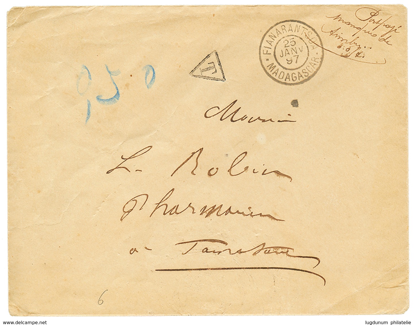 84 "MANQUE De TIMBRES" : 1897 Mention Manuscrite "PORT PAYE MANQUE DE TIMBRES" + FIANARANTSOA + T + "0,50" Sur Enveloppe - Other & Unclassified