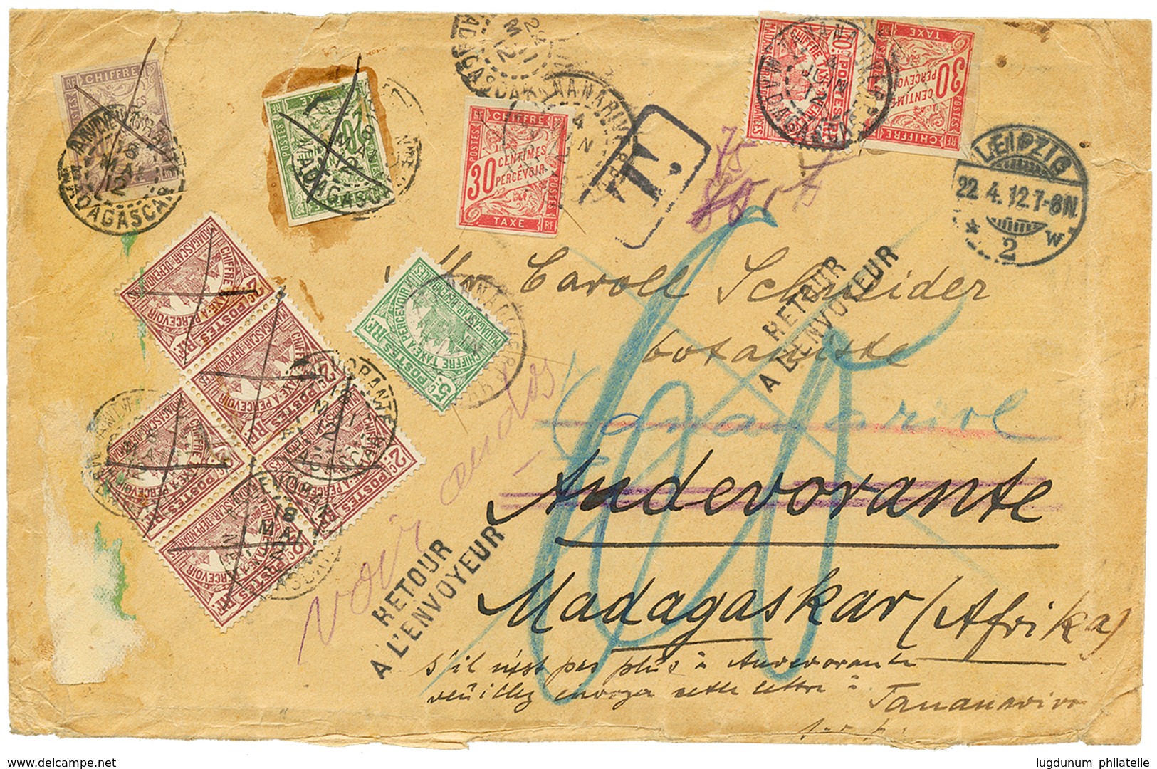 90 1912 Enveloppe De LEIPZIG (ALLEMAGNE) Pour ANDEVORANTE Taxée à L' Arrivée Avec TAXES CG 20c+ 30c(x2) Pd+ 50c + MADAGA - Andere & Zonder Classificatie