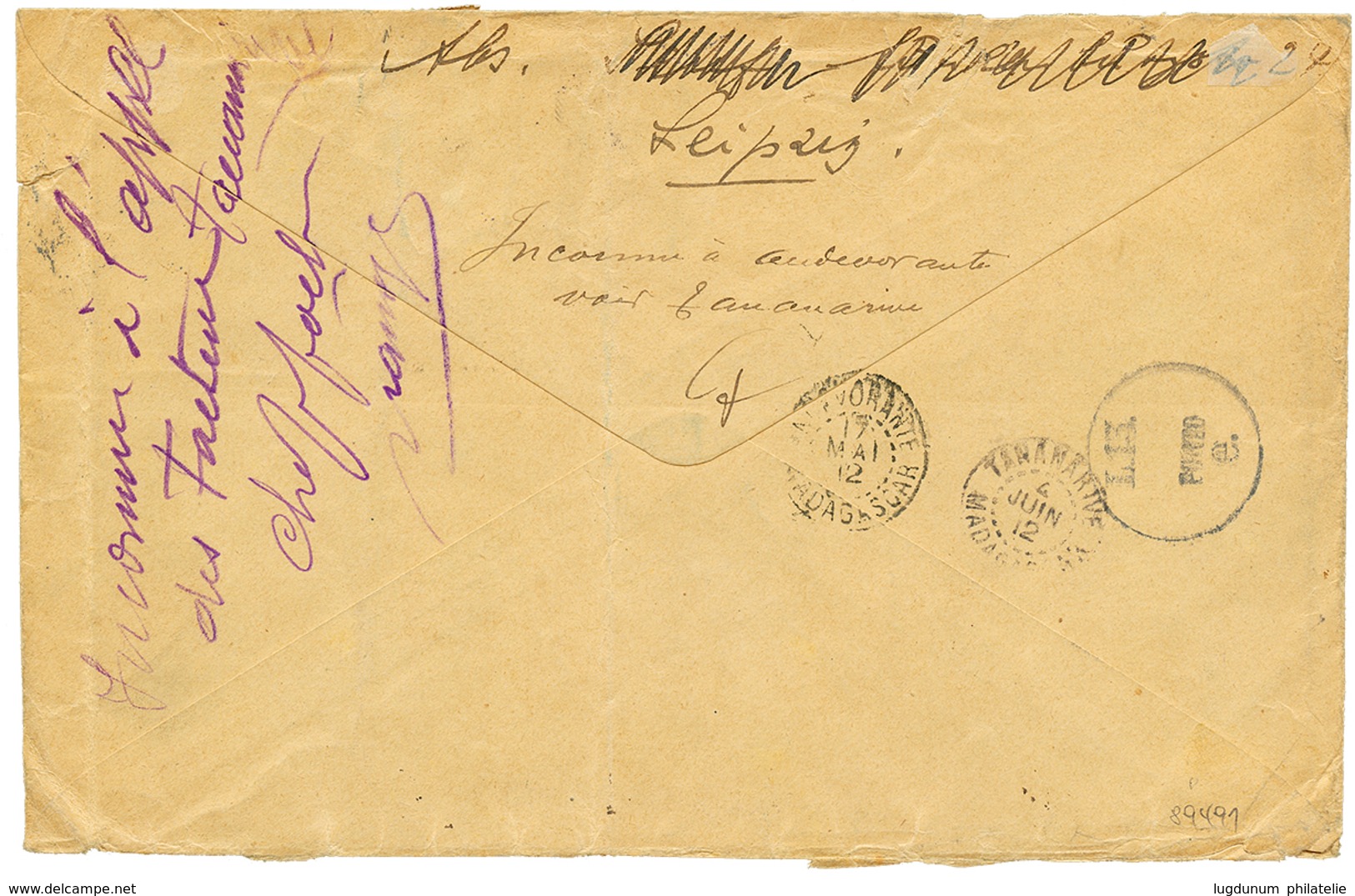 90 1912 Enveloppe De LEIPZIG (ALLEMAGNE) Pour ANDEVORANTE Taxée à L' Arrivée Avec TAXES CG 20c+ 30c(x2) Pd+ 50c + MADAGA - Autres & Non Classés