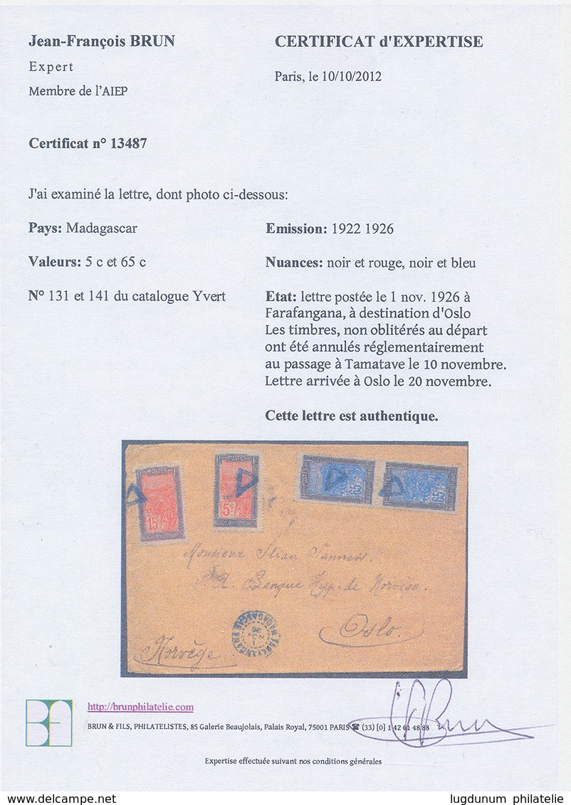 92 1926 TIMBRES Annulés TRIANGLE Sur Lettre De FRAFANGANA Pour OSLO(NORVEGE). Certificat BRUN. TB. - Other & Unclassified