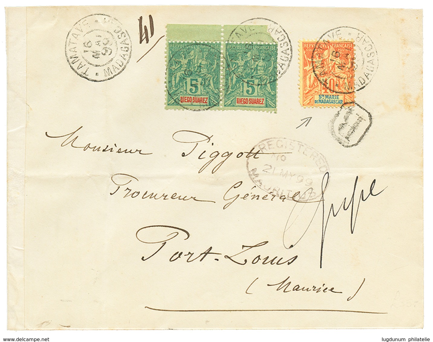 98 STE MARIE DE MADAGASCAR : 1899 STE MARIE DE MADAGASCAR 40c(1 Dent Courte) + DIEGO-SUAREZ 5c(x2) Obl. TAMATAVE Sur Env - Sonstige & Ohne Zuordnung