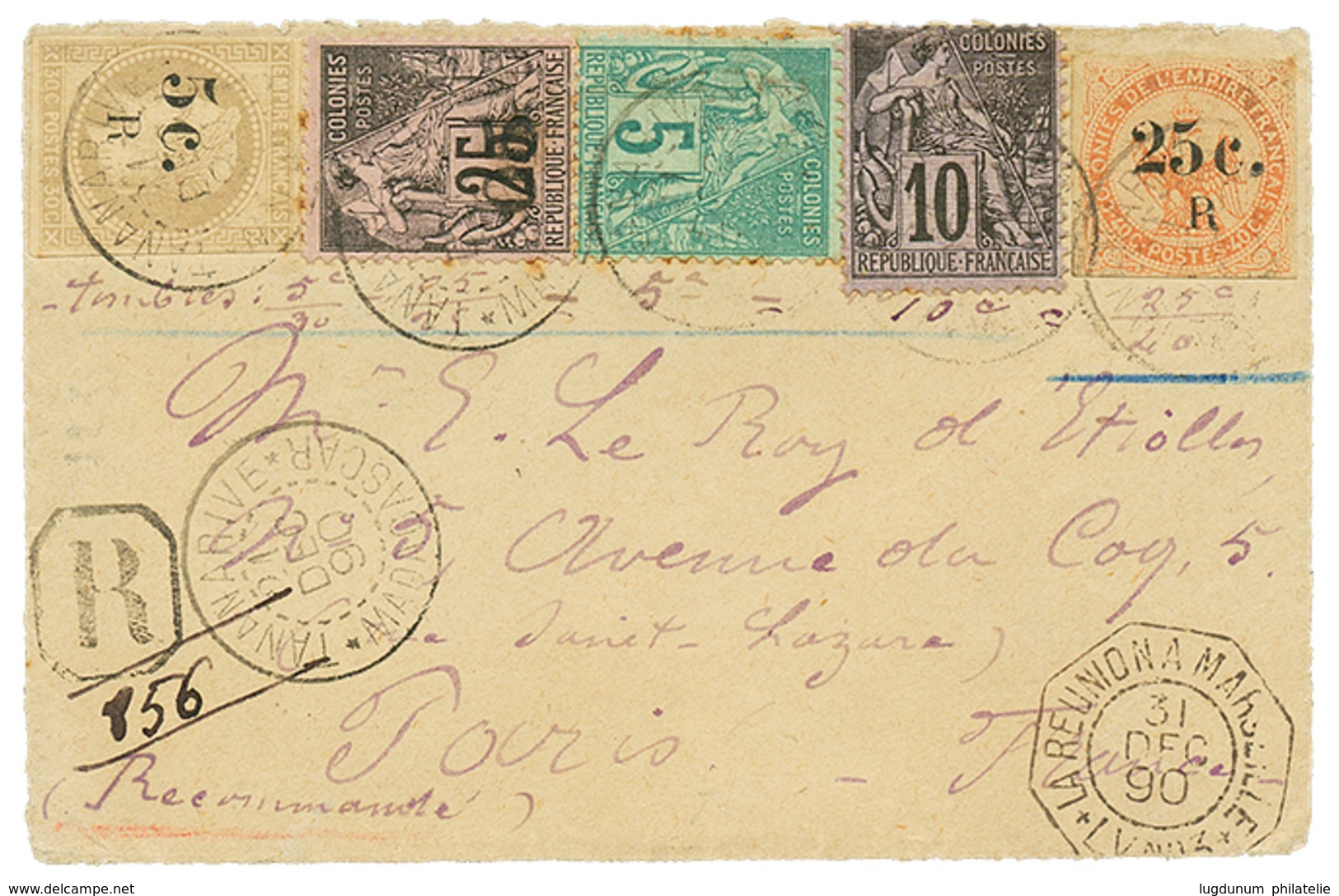 102 "Timbres De La REUNION Utilisés à MADAGASCAR" : 1890 REUNION 5c S/ 30c(n°5) + 25c Sur 40c(n°4) + COLONIES GENERALES  - Sonstige & Ohne Zuordnung