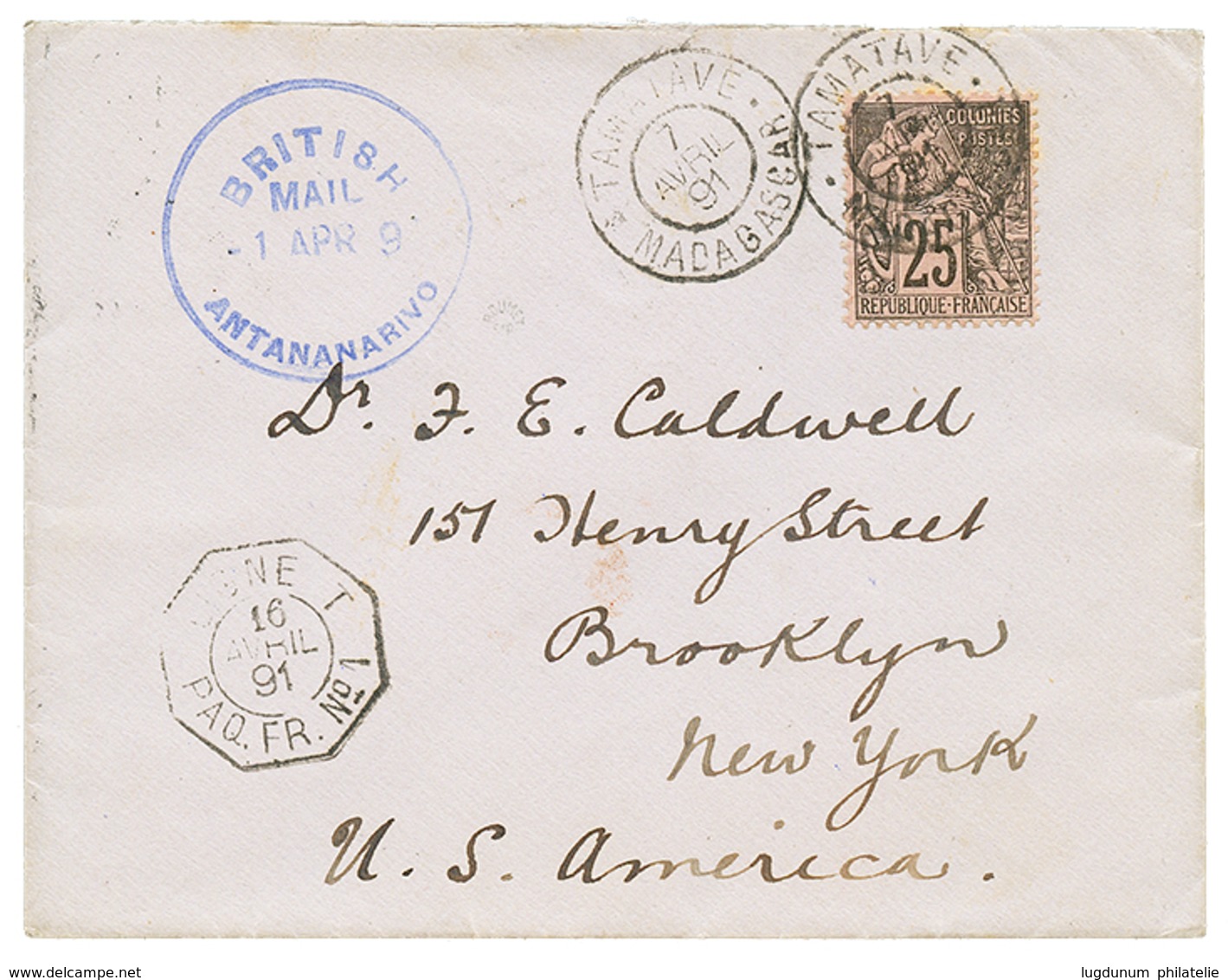 110 1891 CG 25c Obl. TAMATAVE + BRITISH MAIL ANTANANARIVO Sur Enveloppe Pour Les ETATS-UNIS. Superbe. - Autres & Non Classés