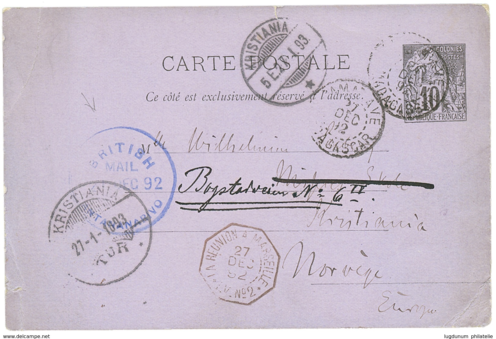 111 1892 CG Entier 10c Obl. TAMATAVE + BRITISH MAIL ANTANANARIVO Pour KRISTIANIA (NORVEGE). RARE. TB. - Other & Unclassified