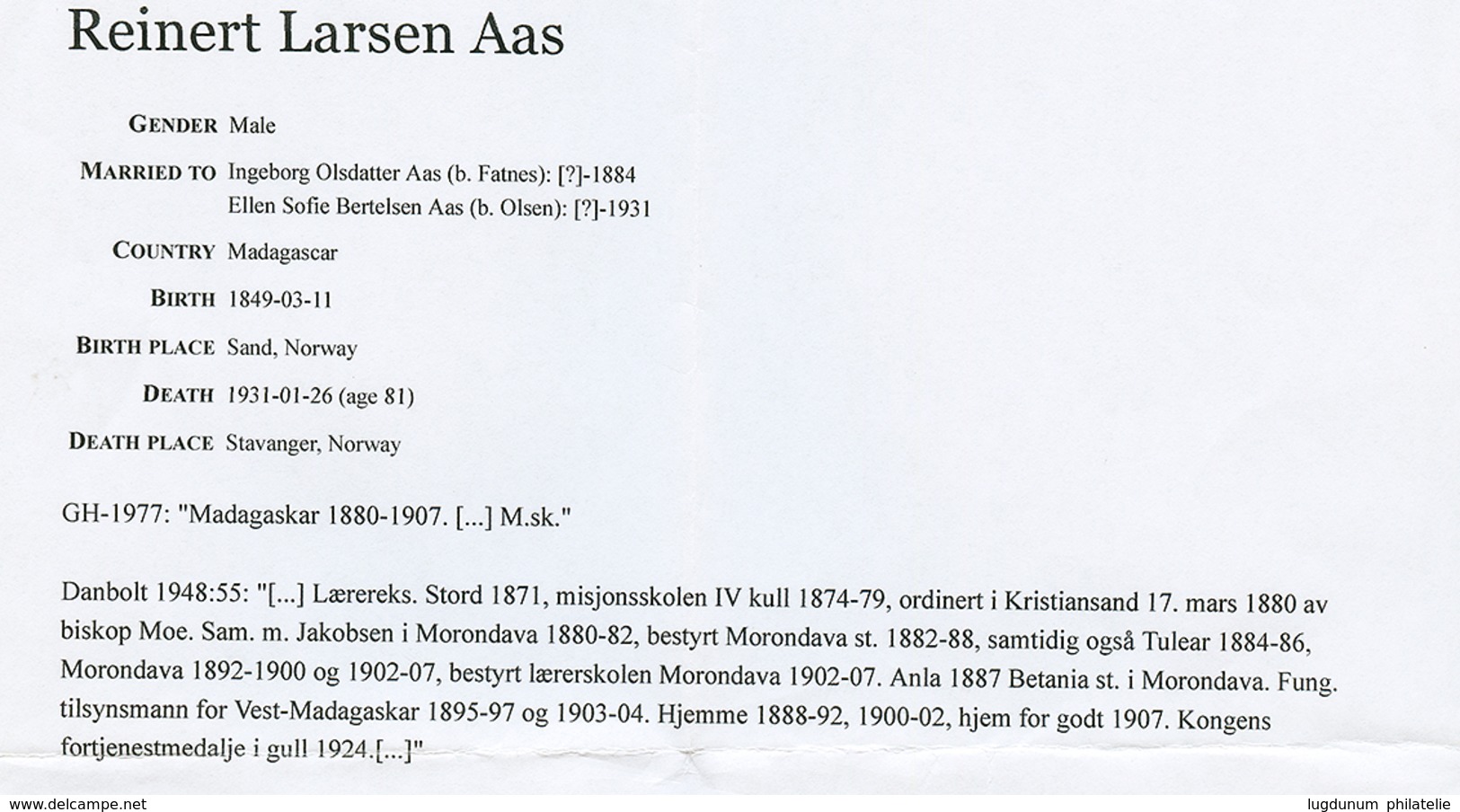 119 MISSIONNAIRE NORVEGIEN A MADAGASCAR : Lettre Adressée Au Missionnaire "REVERANT ASS" à MORONDAVA. Courrier Intérieur - Sonstige & Ohne Zuordnung