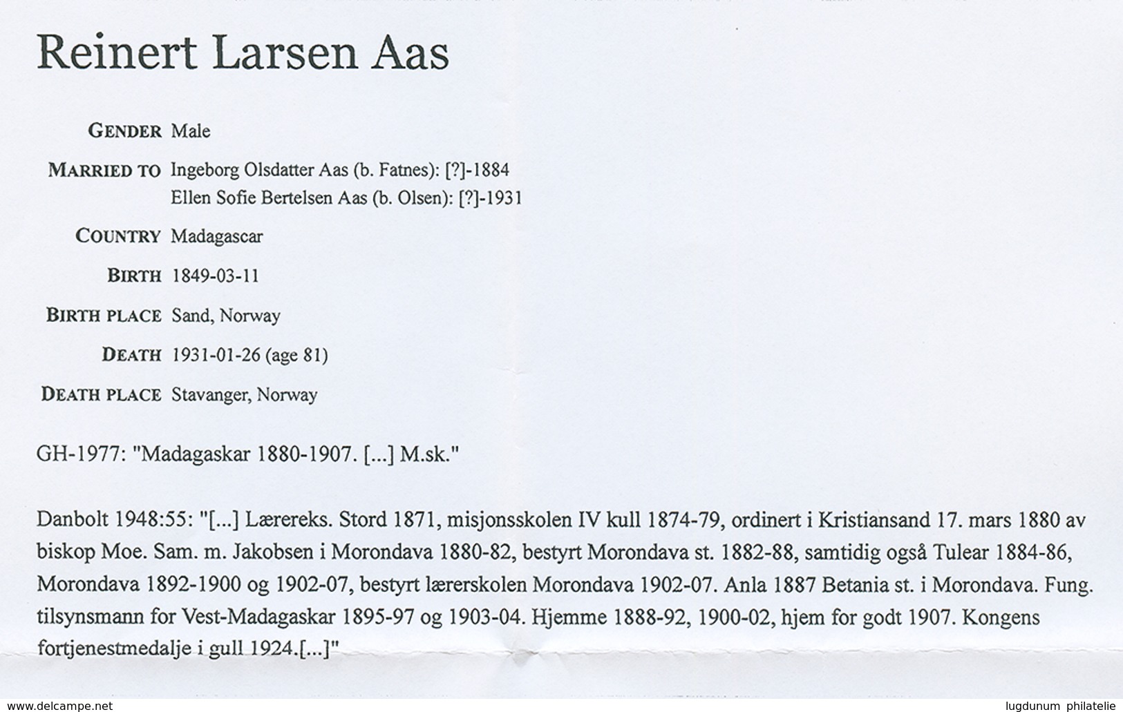 120 MISSIONNAIRE NORVEGIEN A MADAGASCAR : 1886 "FORWARDED By Capt WICKS" + "MODT 4/5. 86" Sur Lettre Adressée Au Mission - Other & Unclassified