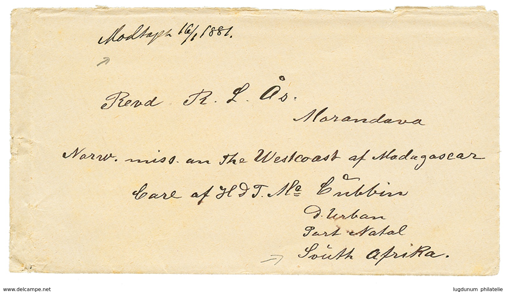 121 MISSIONNAIRE NORVEGIEN à MADAGASCAR : 1881 Enveloppe De NORVEGE Pour Le REVERANT Aas à MORANDAVA (MISSION NORVEGIENN - Andere & Zonder Classificatie