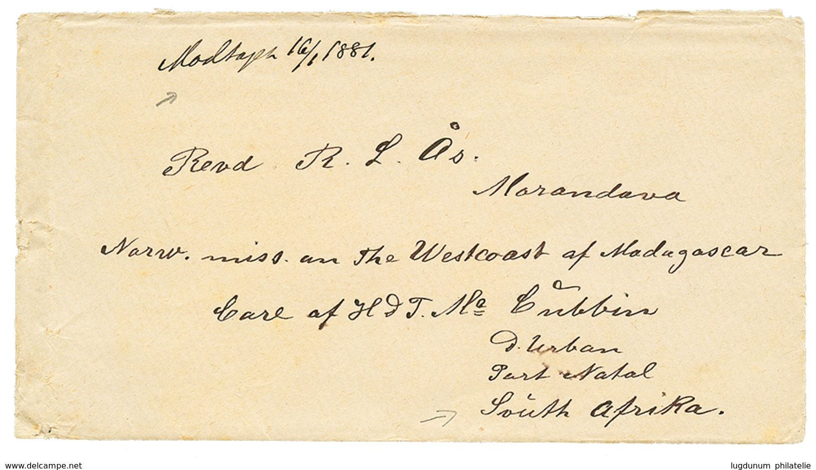 121 MISSIONNAIRE NORVEGIEN à MADAGASCAR : 1881 Enveloppe De NORVEGE Pour Le REVERANT Aas à MORANDAVA (MISSION NORVEGIENN - Sonstige & Ohne Zuordnung