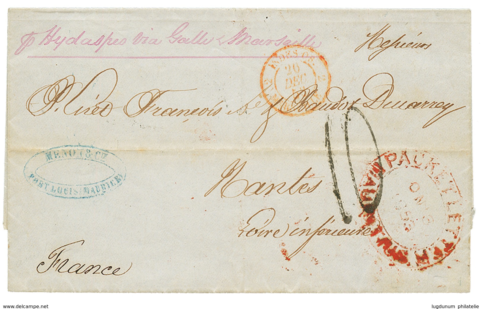 123 MAYOTTE Acheminé Via MAURICE : 1853 PACKET LETTER MAURITIUS Sur Lettre Avec Texte Daté "MAYOTTE" Pour La FRANCE. RAR - Autres & Non Classés