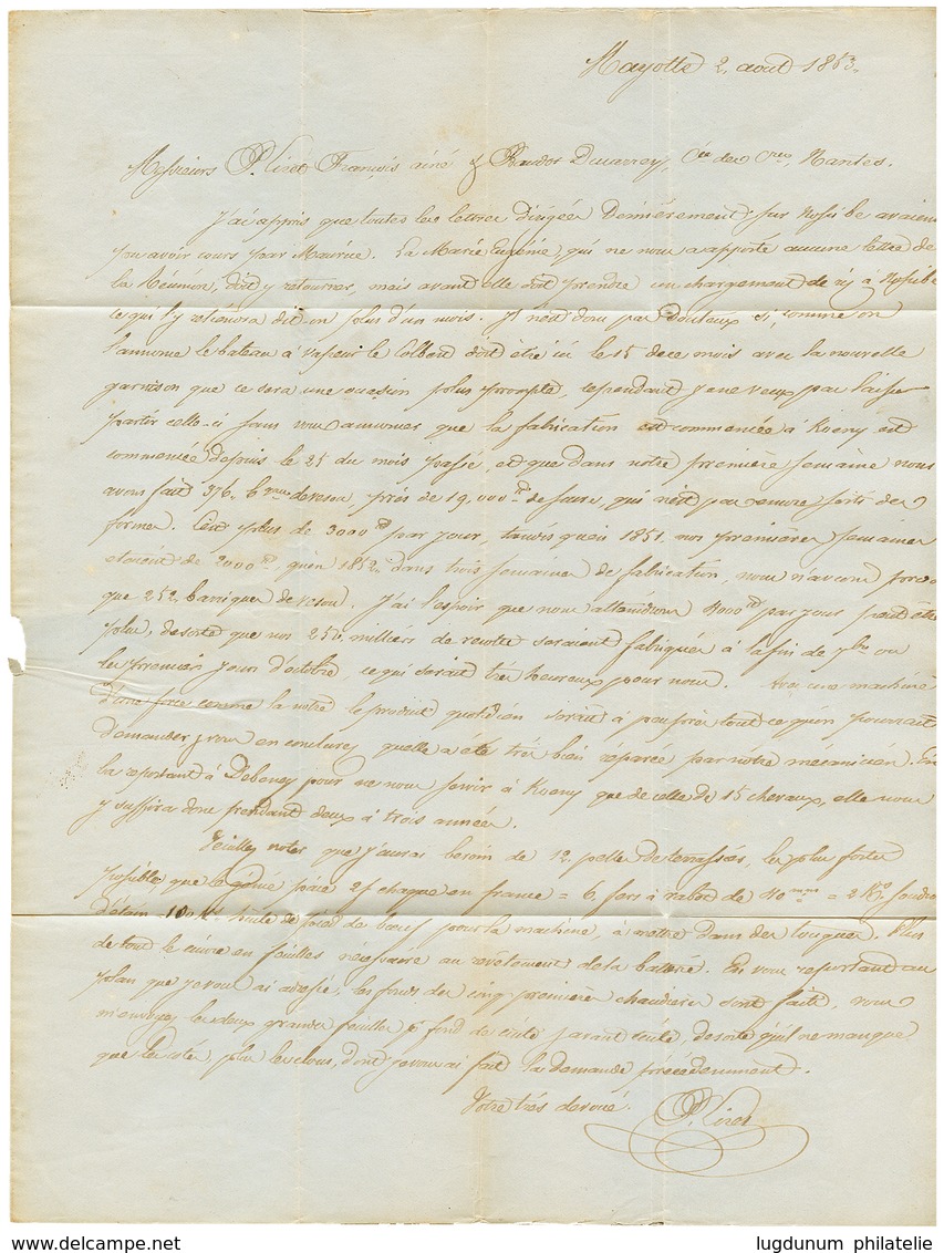 123 MAYOTTE Acheminé Via MAURICE : 1853 PACKET LETTER MAURITIUS Sur Lettre Avec Texte Daté "MAYOTTE" Pour La FRANCE. RAR - Autres & Non Classés