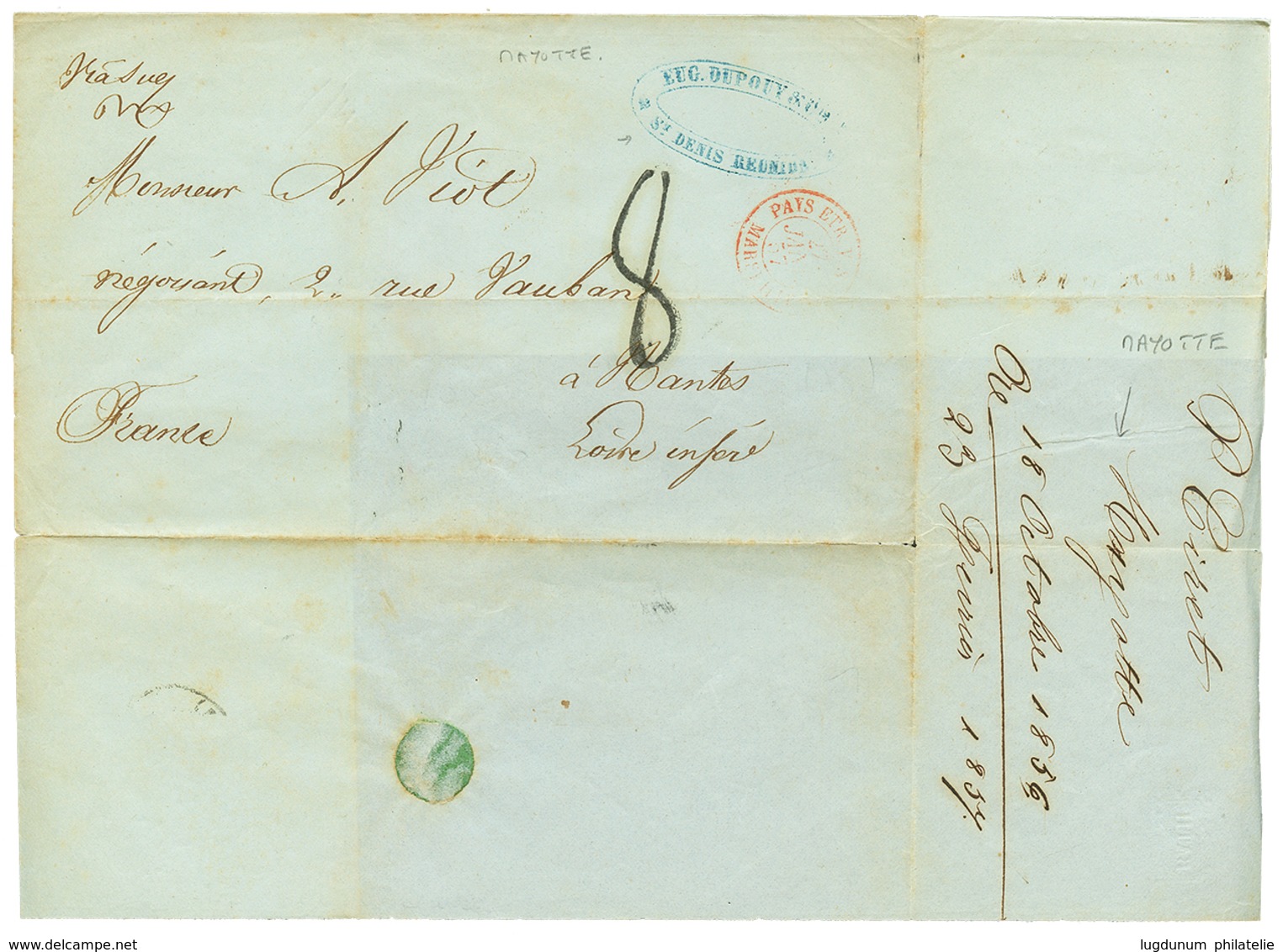 124 MAYOTTE Via LA REUNION : 1857 PAYS ETR. V. SUEZ MARSEILLE + Taxe 8 Sur Lettre Ss Texte Mais Daté "MAYOTTE" Acheminé  - Sonstige & Ohne Zuordnung