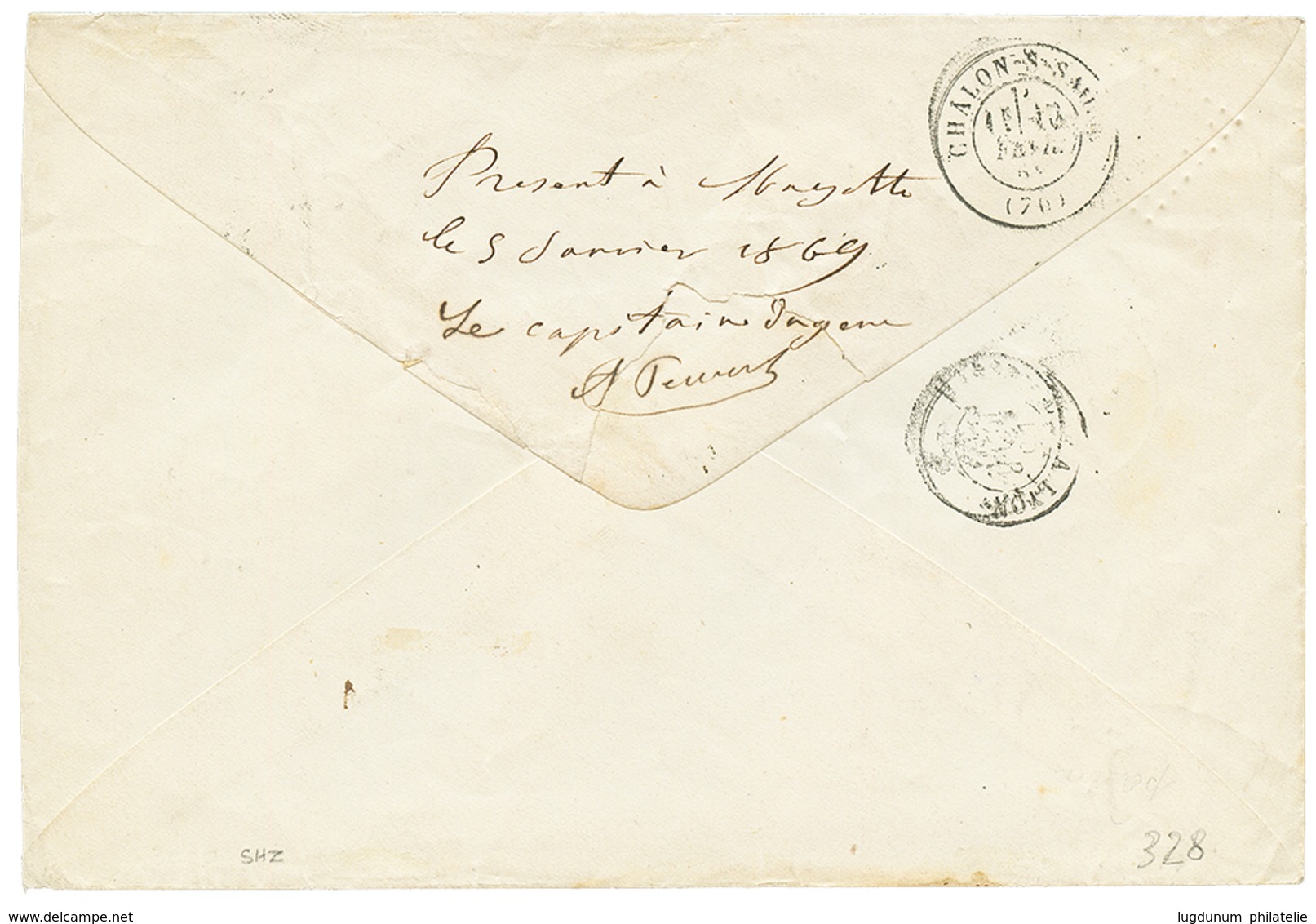 129 1869 Bande De 4 Du 10c AIGLE Obl. Losange De 60 Points évidé + CORR. D'ARMEES MAYOTTE Sur Lettre Pour La FRANCE. Sig - Autres & Non Classés