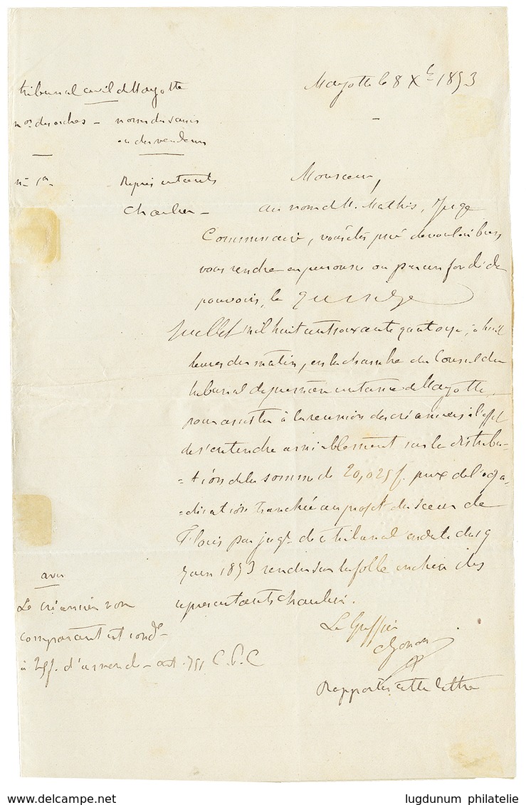 130 1870 10c AIGLE + 40c CERES Obl. Losange évidé + MAYOTTE ET DEP. MAYOTTE + "LETTRE CHARGE" Manus. Sur Lettre Avec Tex - Autres & Non Classés