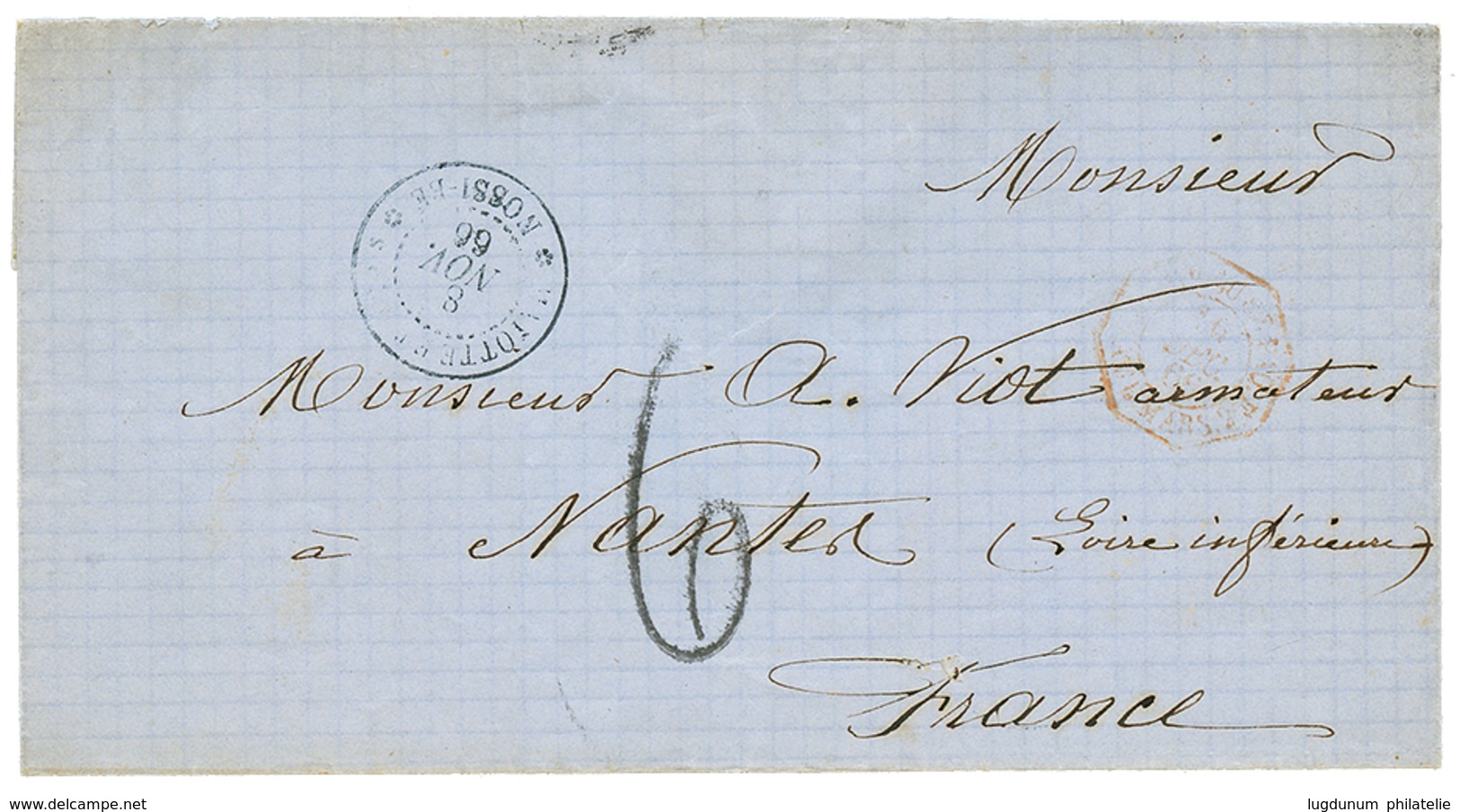 133 1866 MAYOTTE ET DEP. NOSSI-BE + Taxe 6 Sur Lettre Pour La FRANCE. TB. - Sonstige & Ohne Zuordnung