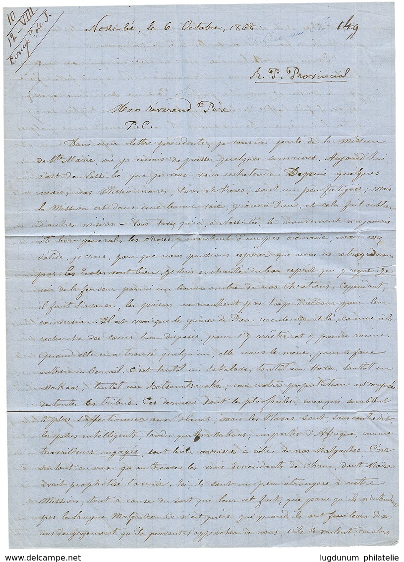 136 1868 FRANCE 20c(n°29) Obl. GC + TOULOUSE Sur Lettre Avec Texte Daté "NOSSI-BE" Pour PARIS. TB. - Autres & Non Classés