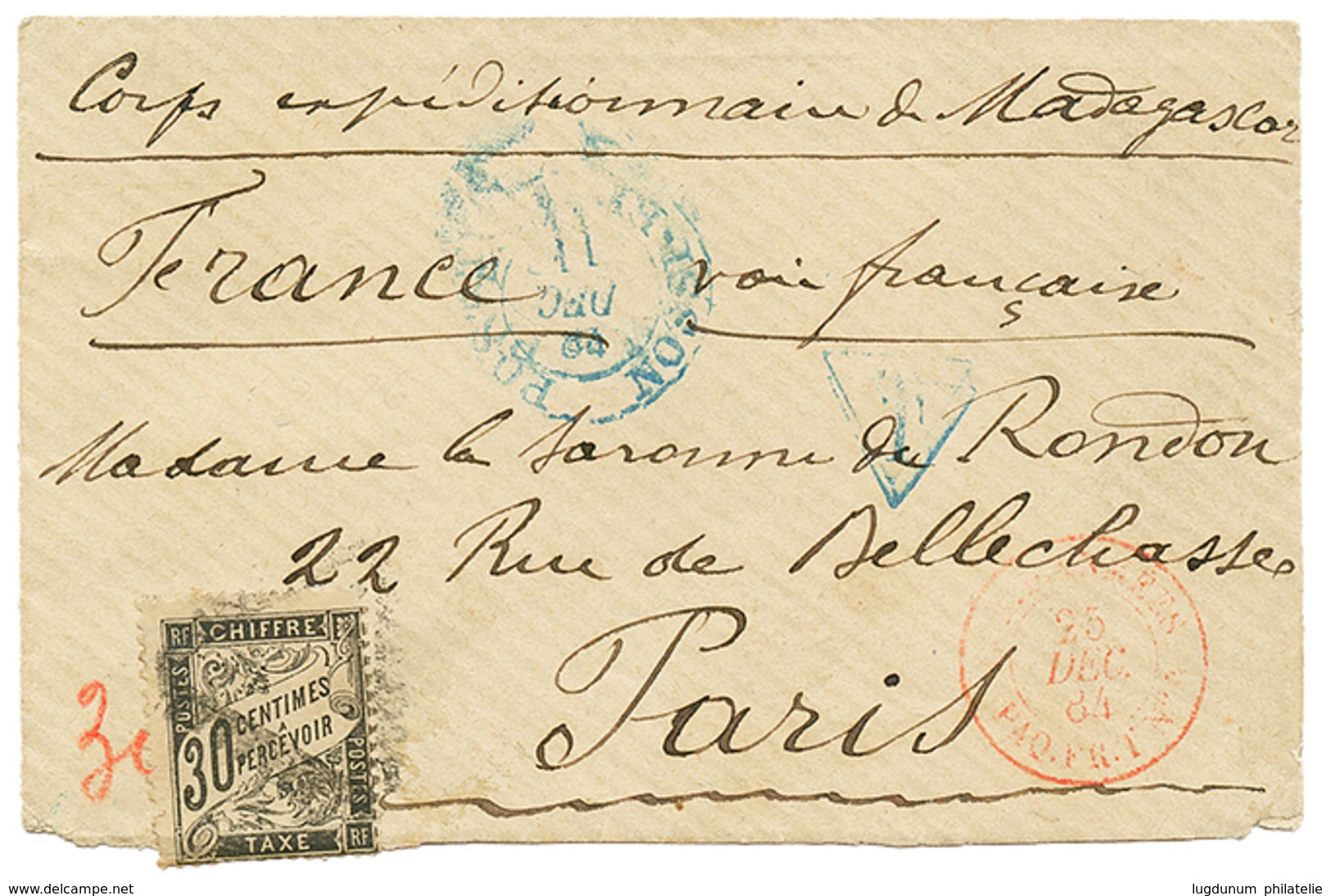 137 1884 POSTES NOSSI-BE Bleu Sur Env. De Militaire Pour La FRANCE Taxée à L'arrivée Avec 30c TAXE(pd). TB. - Autres & Non Classés